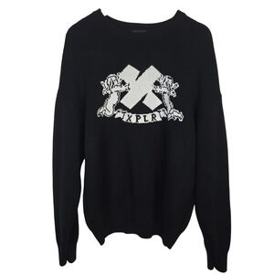 XPLR Sam and Colby Mens Large Black Graphic Crest Knit Pullover Sweater